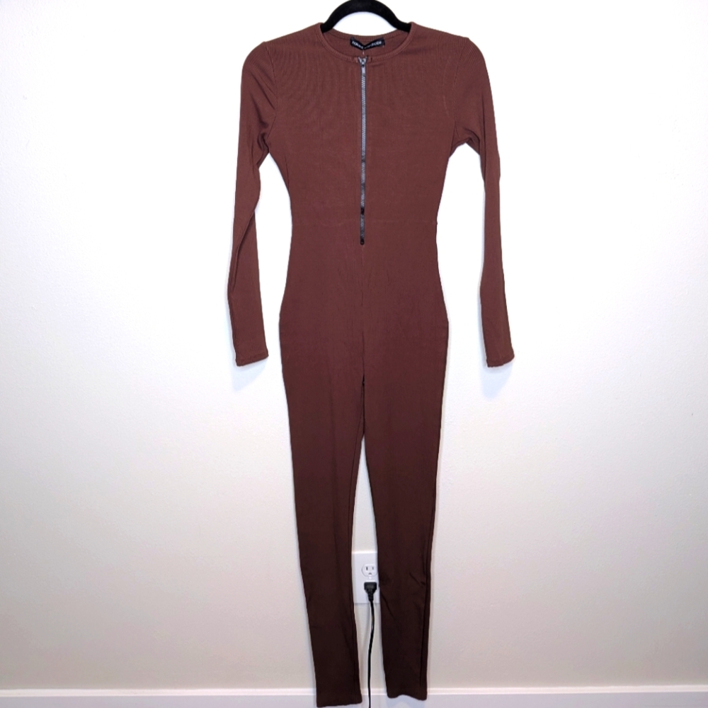 NWT XL Naked Wardrobe Chocolate Ribbed Jumpsuit With Front Zipper